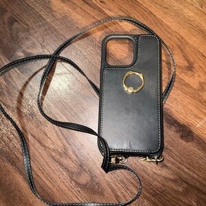 Black Leather Phone Case with Strap and Ring Holder